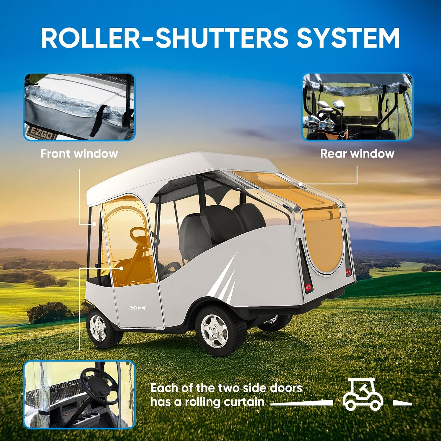 Rosefray Golf Cart Enclosure, 600D Waterproof 4 Passenger Driving Enclosure with Clear PVC Windshield, Short Roof 58" for EZGO, Club Car- Durable Door Zipper - 2+2 Golf Cart Rain Cover-Black