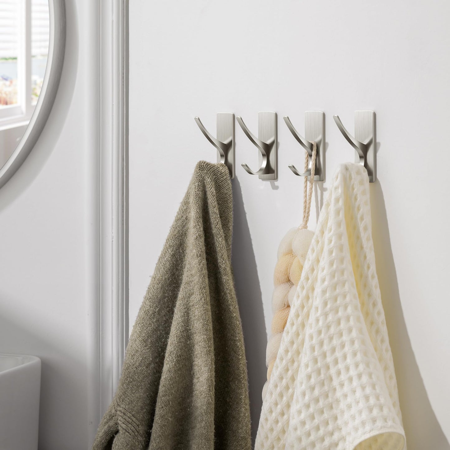 Josmimic Self Adhesive Towel Hooks: Extra Strong 13LB, Stainless Hook for Hanging Loofah, Towels, Coat, Bath Robe Bathroom Shower, Brushed Nickel, 4 Pack
