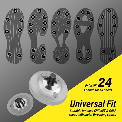 SOLM8 Metal Spikes for Golf and Cricket Shoe Spikes Replacement - 1/4 Inch 6mm Screw Type Metal Threading (Spanner Included) (Pro Sting Clear Black, Pack of 24)