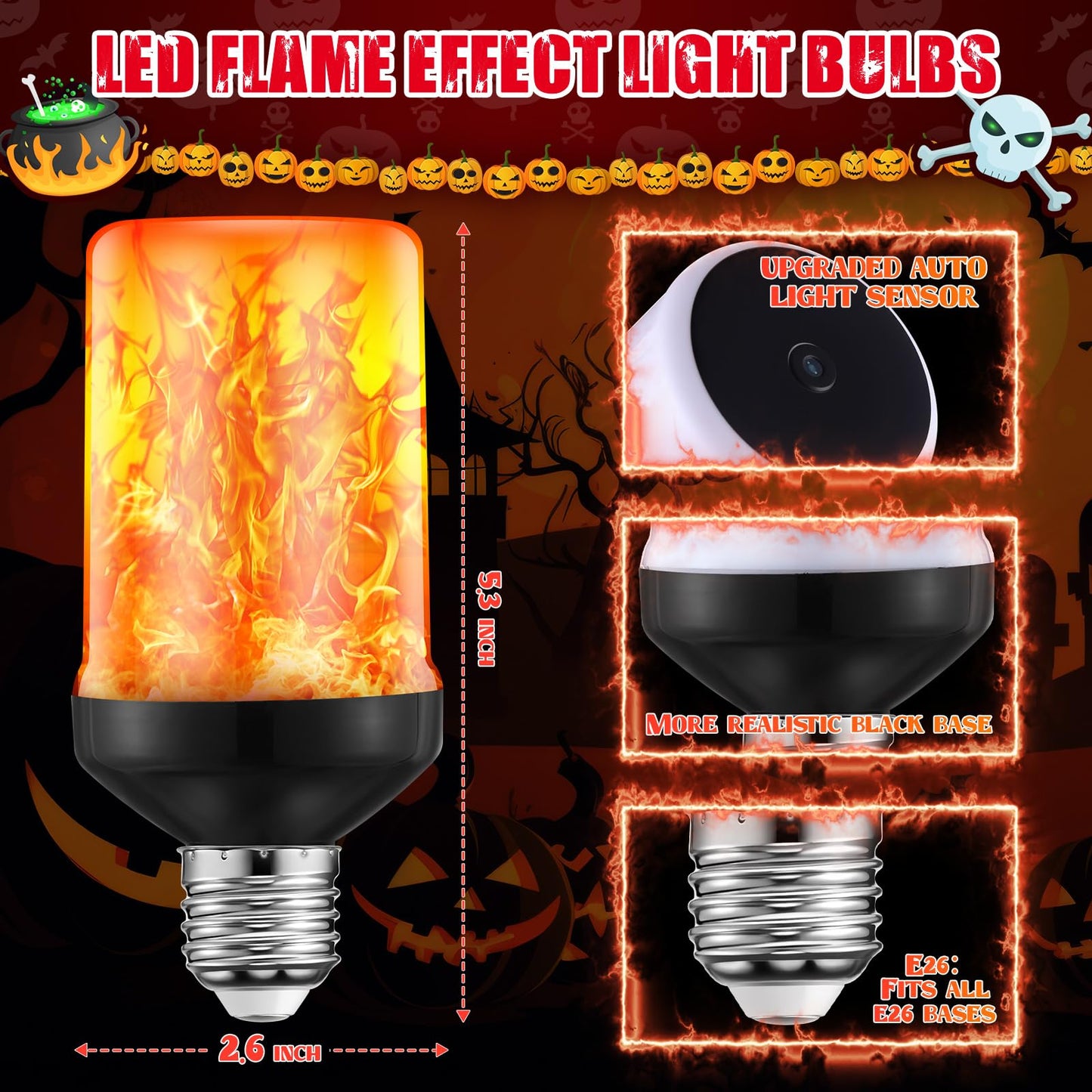 VIHOSE LED Flame Light Bulbs, Upgraded Dusk to Dawn Sensor Bulb with E26 Base, Flickering Flame with Upside Down Effect, Fire Bulb for Halloween Christmas Porch Outdoor Decor, 25, 000 Hours, 2 Pack