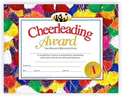 Hayes Cheerleading Award Certificate - Customizable Recognition for Students | Full-Color Pom-Pom Design, 8.5" x 11", 30 Pack