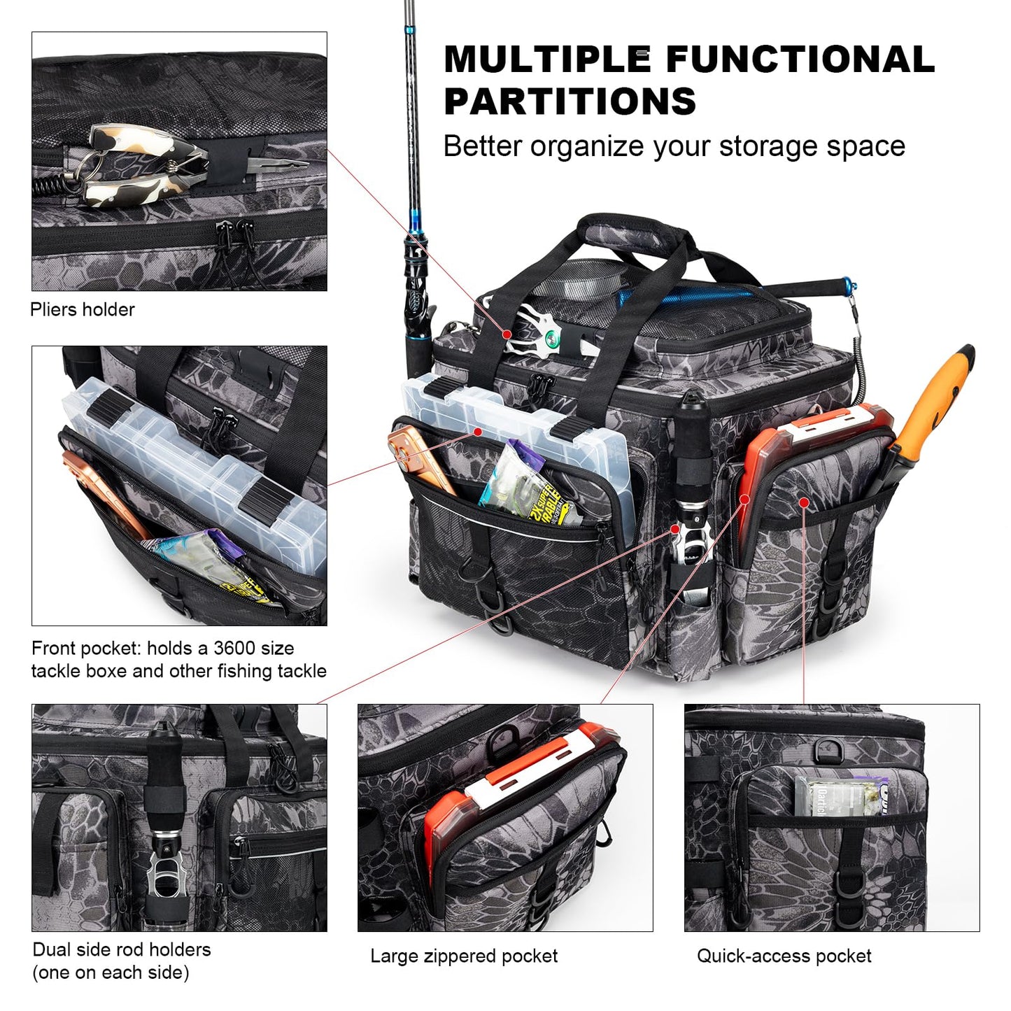 Rabjen Fishing Tackle Bag with Rod Holders & Cooler Main Compartment – Large Capacity Fishing Bag for Organized Gear Storage