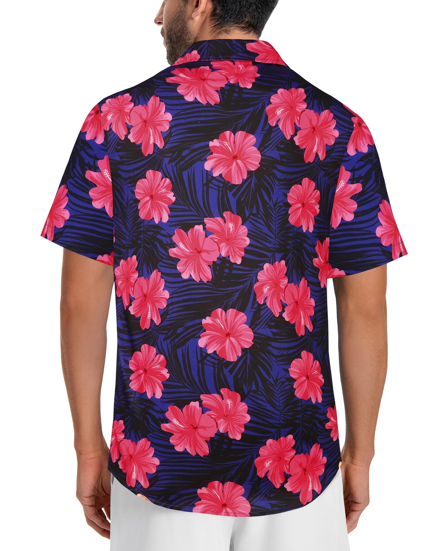 Mens Hawaiian Shirt Short Sleeve Summer Beach Casual Tops Button Down T Shirts with Pocket(Pink Navy Floral,XL)