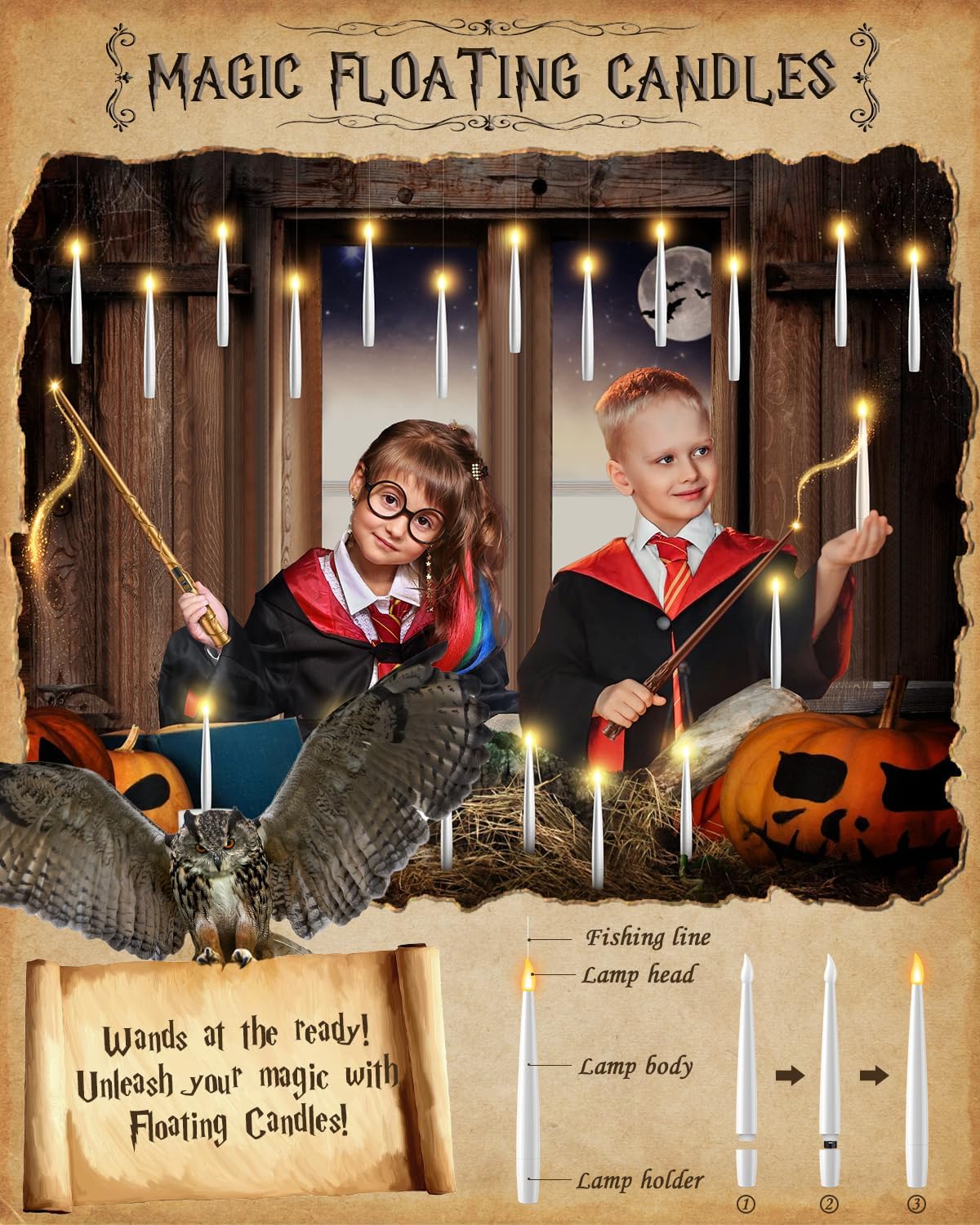 TLPUHU Floating Candles with Wand - 18 Pcs Halloween Decorations Magic Flameless Candles Flickering Warm Light Battery Operated LED Hanging Candles for Christmas Window Bedroom Birthday Party Decor