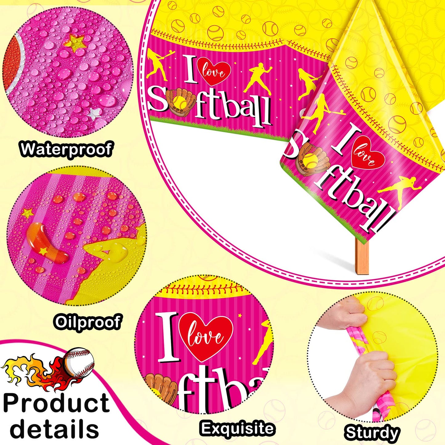 Jecery 3 Pcs Softball Tablecloth Party Decorations Softball Rectangle Plastic Outdoor Table Cloth Tablecloth Waterproof Table Covers for Sport Theme Birthday Dining Party Supplies, 51 x 86 Inches