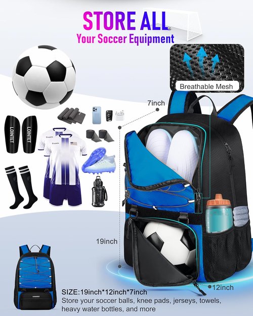 Lointet Youth Soccer Bag - Versatile Sports Backpack with Ball Compartment | Fits Basketball, Football, Volleyball - Black