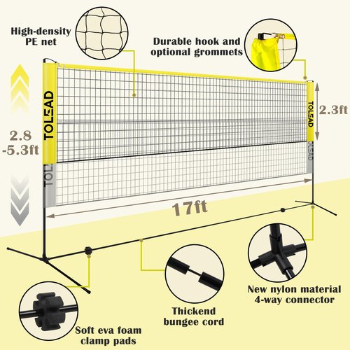TOLEAD All-in-One Pickleball & Badminton Net Set, Portable Volleyball Net Set (17ft Wide x 3-5ft Height) for Backyard,Outdoor Sports Game Set w/Volleyball Pickleball Paddles & Badminton Rackets