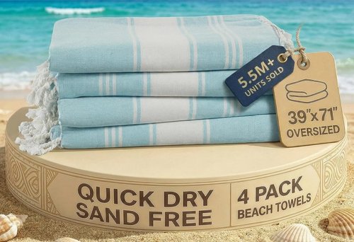 LANE LINEN Oversized Beach Towel - Quick Dry & Sand Free 4 Pack, Extra Large 39"x71", Lightweight Aqua