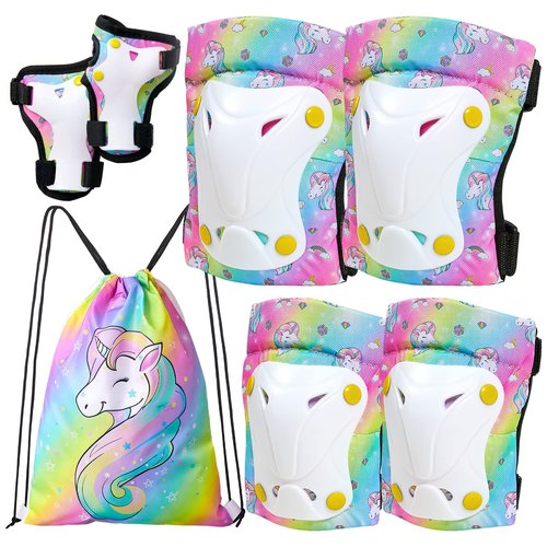 FIODAY Knee Pads for Kids Toddler Knee Pads and Elbow Pads Wrist Guards with Drawstring Bag Adjustable Protective Gear Set for Girls Boys Skating Cycling Skateboard Scooter,3-8 Years,Rainbow