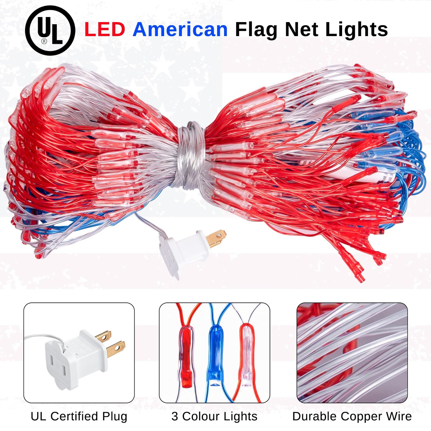 American Flag Lights Outdoor - 420 Super Bright Red White and Blue Lights, Waterproof Led Flag Net Light of The United States for Memorial Day, 4th of July, Yard, Garden, Christmas Decorations