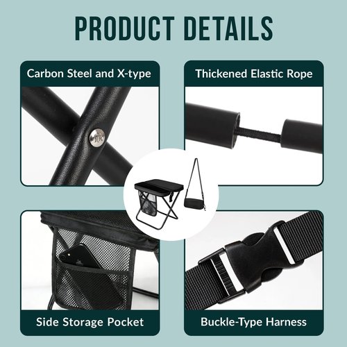 ABUUL Portable Collapsible Stool - Folding Chair with Storage Pouch, Convertible Satchel for Hands-Free Carry & Supports 265Lbs, Ultralight for Hiking, Fishing, Camping, Festivals (Black)