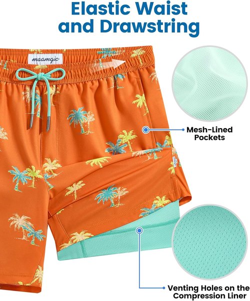 Maamgic Men's Swim Trunks - Quick Dry Bathing Suit with Compression Liner | 7 Inch Inseam