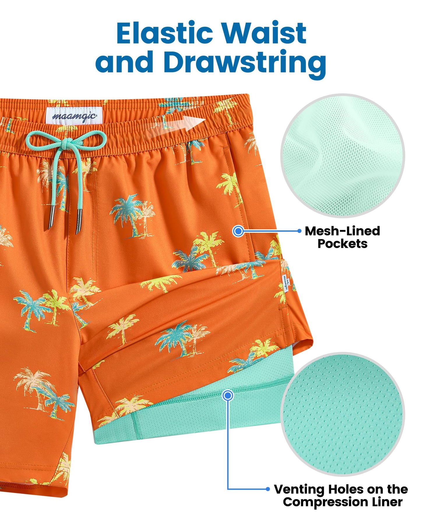 maamgic Mens Swim Trunks with Compression Liner 7 Inch Inseam Mens Bathing Suit Quick Dry Swimming Trunks Swimsuit Orange Coconut Tree XX-Large