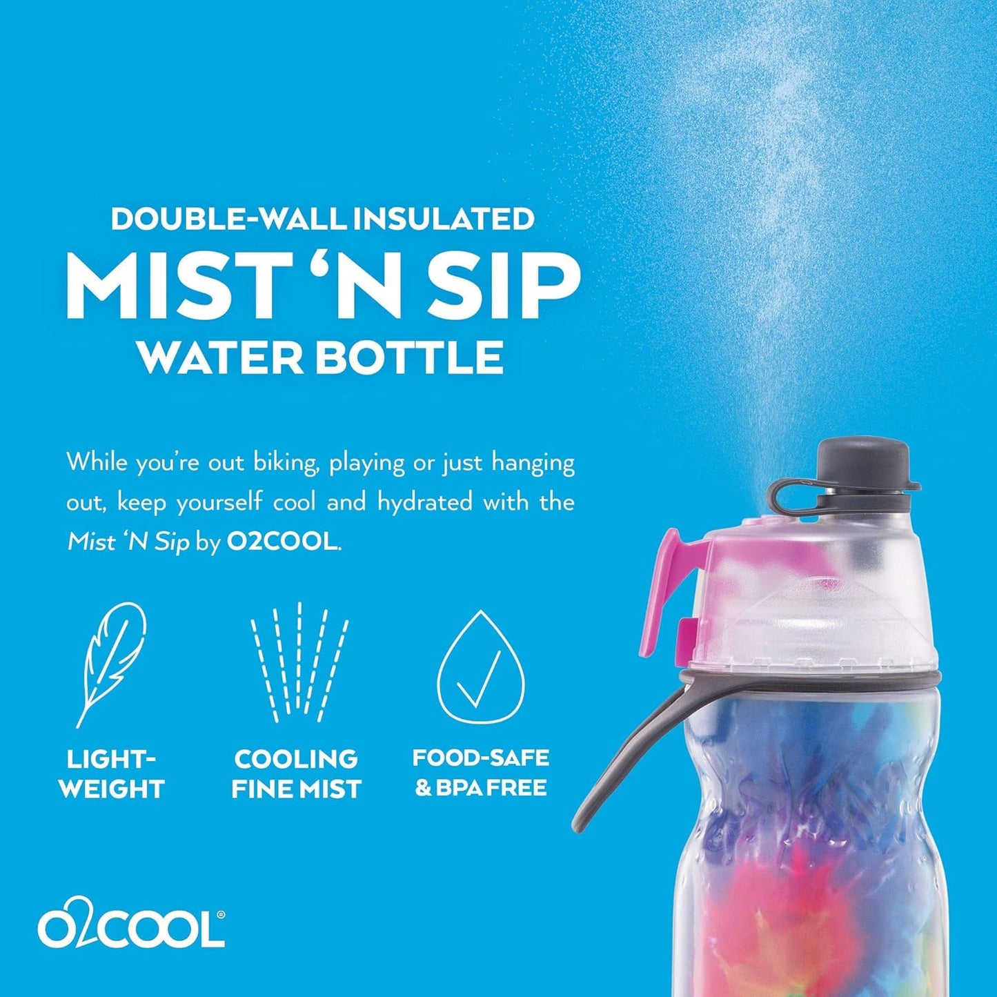 O2COOL 20 oz Mist 'N Sip Water Bottle - 2-in-1 Misting & Sipping Function, No Leak Spout | Tie Dye/Celestial Purple