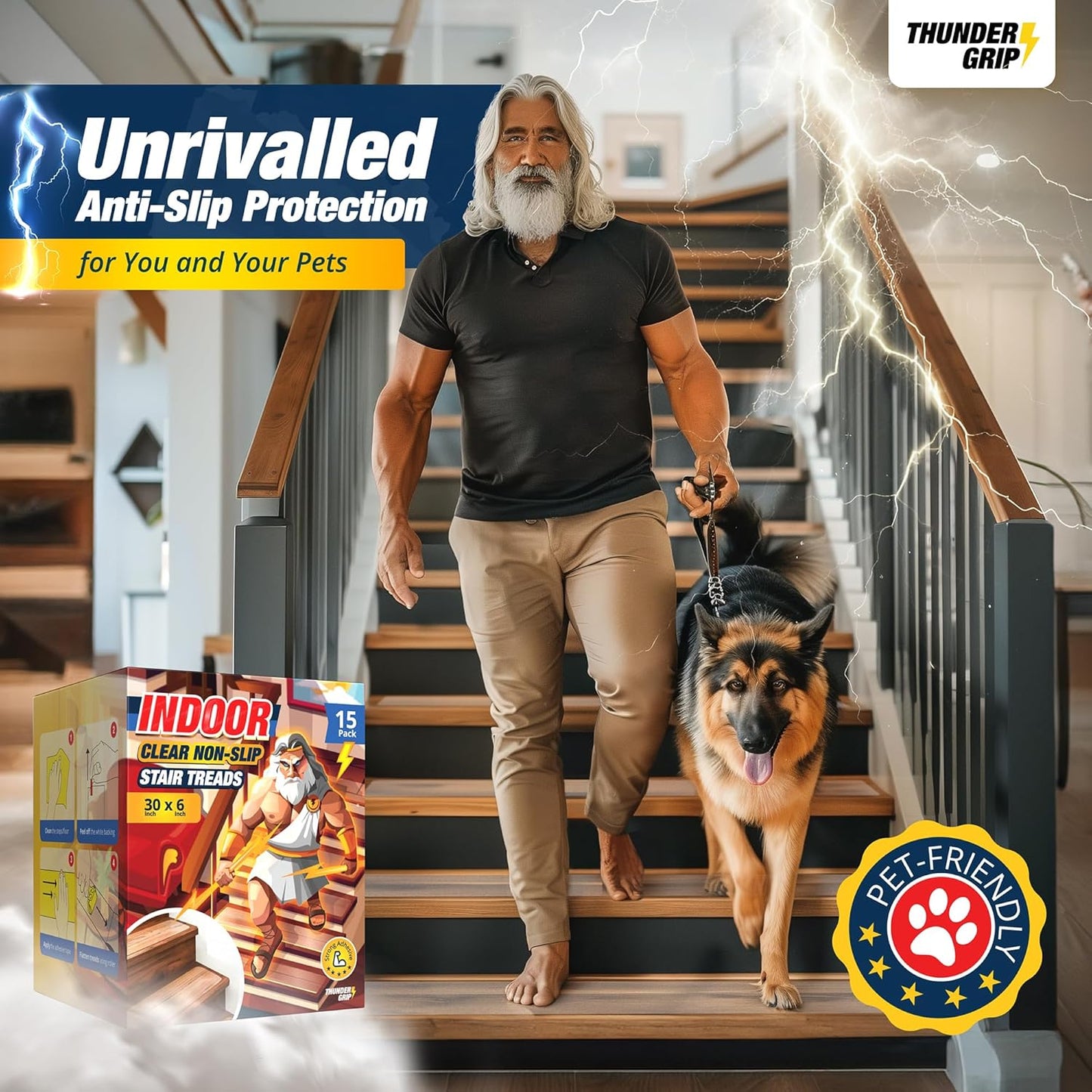 Non-Slip Clear Stair Treads 30"x6" - 15-Pack Adhesive Grips for Wood Steps - Safe for Dogs & Seniors