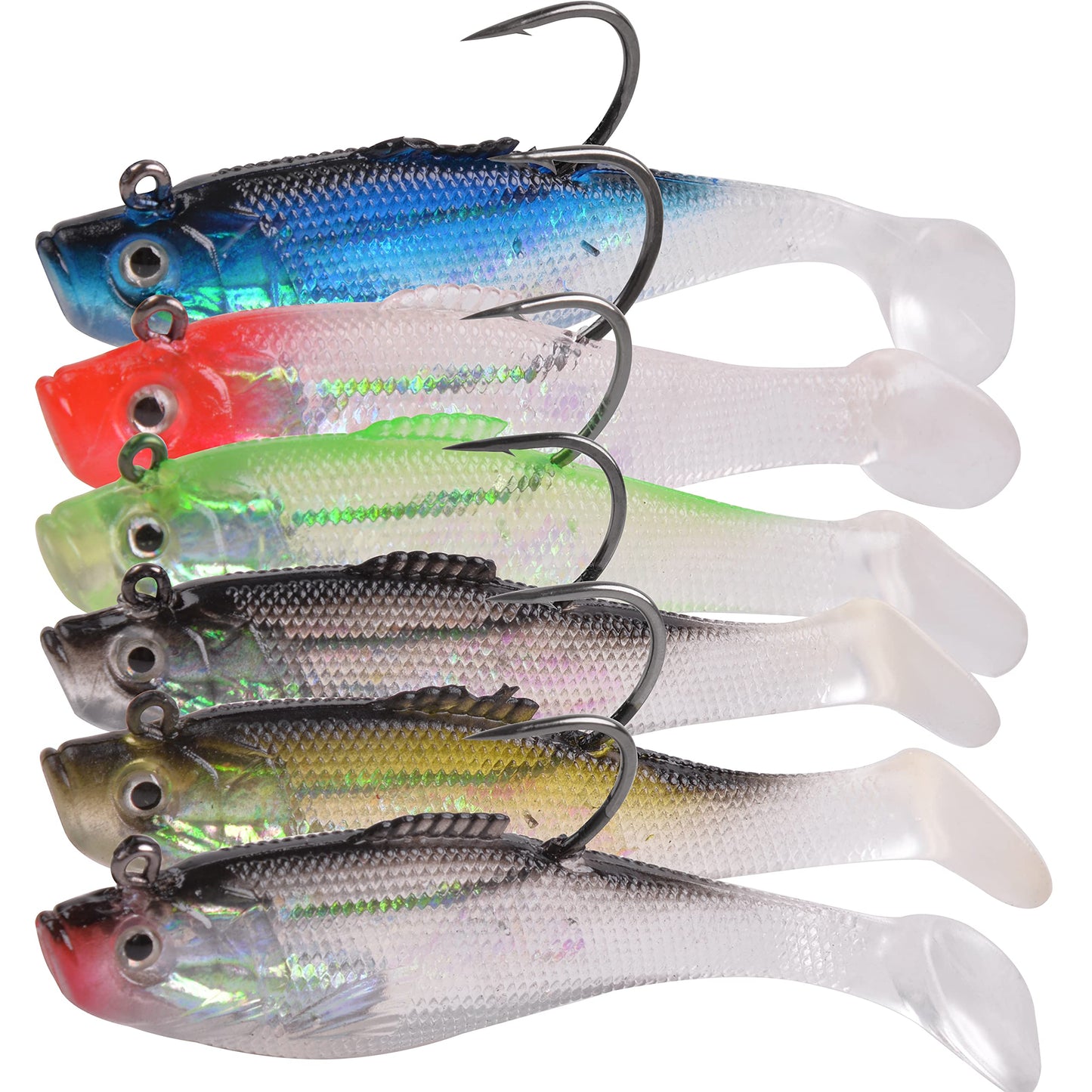 Paddle Tail Swimbaits, Pre-Rigged Soft Fishing Lures Jig Head Lifelike Swim Shad Lures Swimbait with Weighted Hook for Bass Walleye Trout Pike Crappie Striped Bass