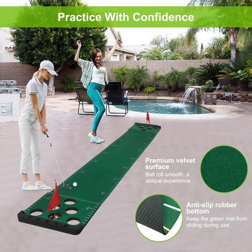 Chriiena Golf Putting Game Set, Putting Green Pong Game Mat Include 6 Balls, 1 Portable Bag, 2 Flags & Cups for Indoor Outdoor Backyard Party Use (Green)