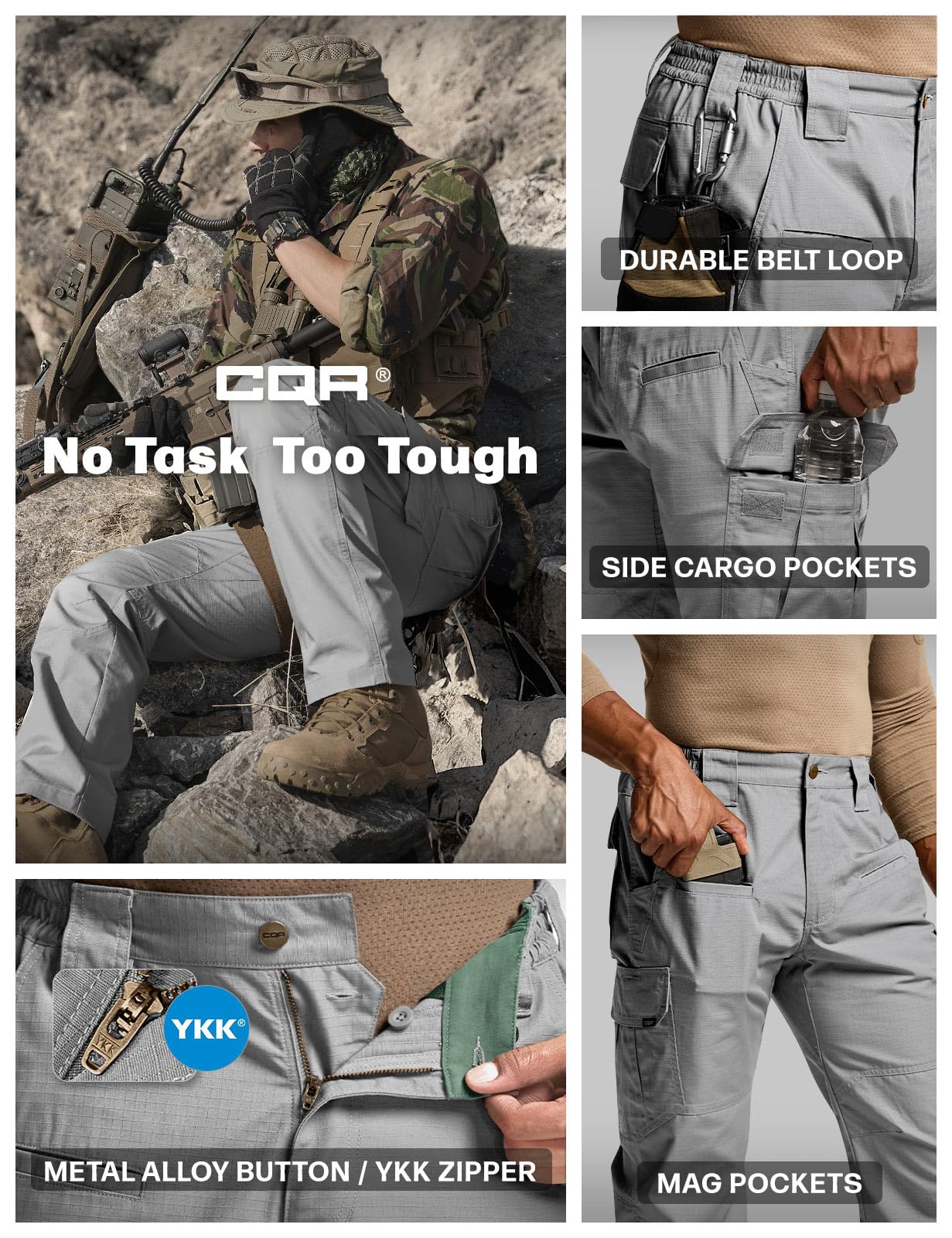 CQR Men's Tactical Pants, Water Resistant Ripstop Cargo Pants, Lightweight EDC Work Hiking Pants, Outdoor Apparel, Raider Stone, 42W x 30L