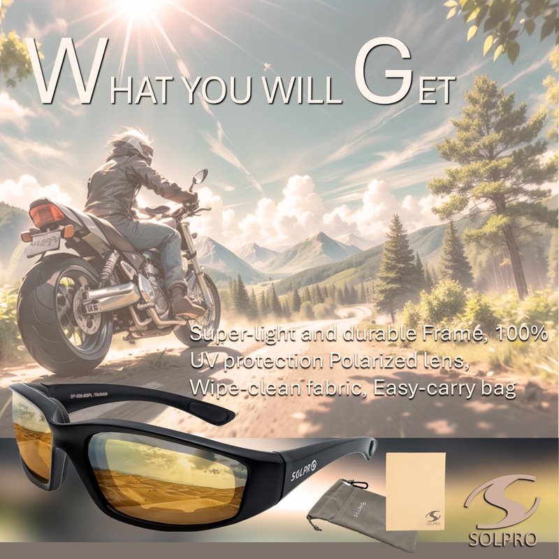 SOL PRO Night Vision Motorcycle Riding Glasses Foam Padded Windproof Polarized TR90 Floating Frame for Outdoor Activity Sports And Fishing (SP-556-BYPL Yellow), Fit men and women