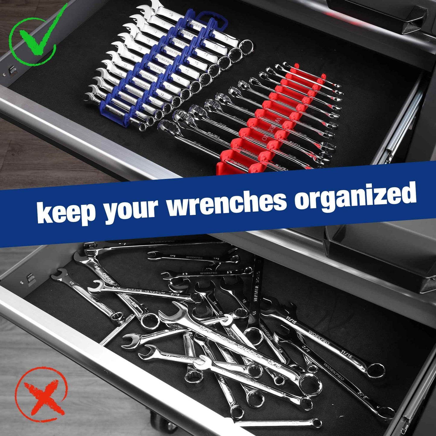 WORKPRO 2-Pack Magnetic Wrench Organizer, 12-Piece Gripper Wrench Holder for Stubby or Line Wrenches, Quality Wrench Rack Fits for SAE (1/4” to 15/16”) and Metric (6mm to 24mm), Flexible Teeth