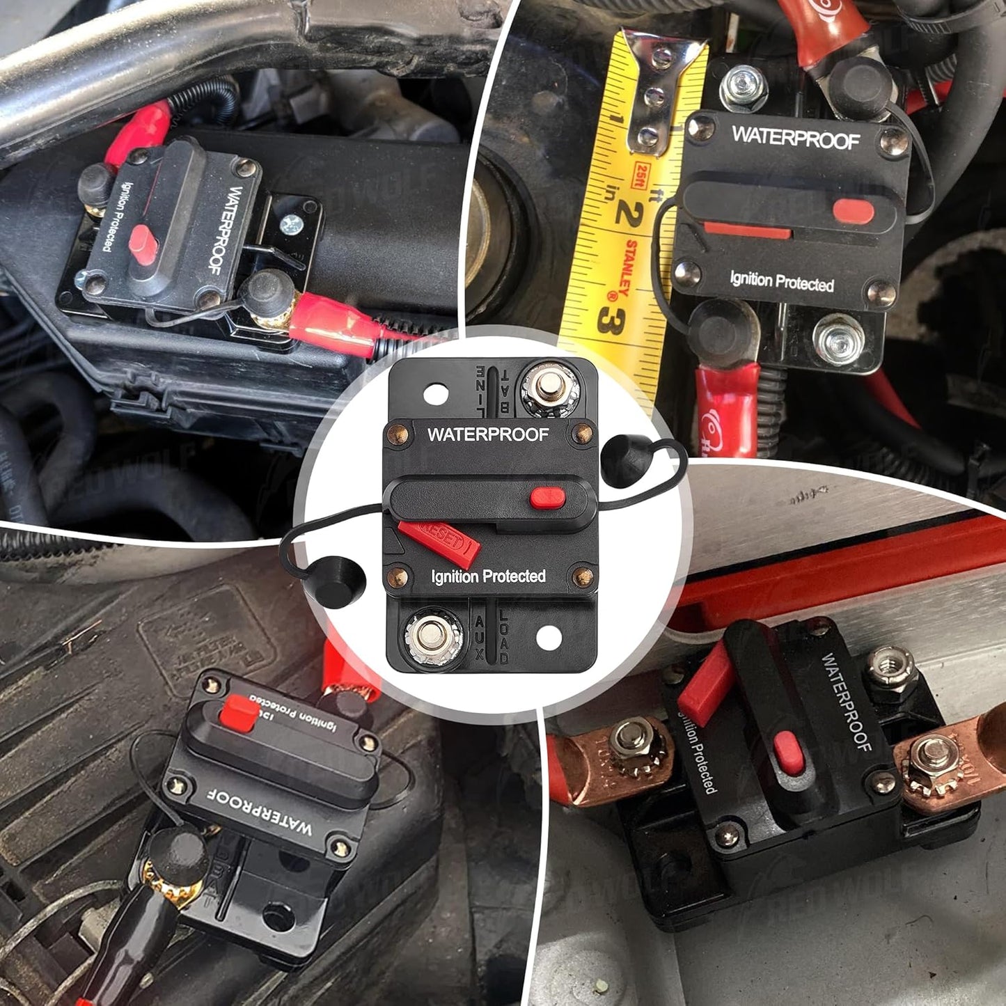 RED WOLF Waterproof 100Amp Circuit Breaker - Manual Reset Switch for Marine & ATV Battery Systems 12V-48V DC