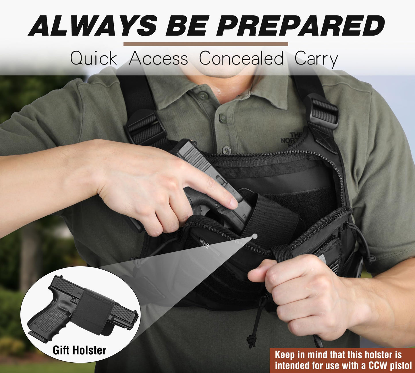 Chest Bag with Gun Holster fits Most Pistols, Tactical Chest Rig Vest, Running Chest Pack EDC for Men Women Sports Hiking