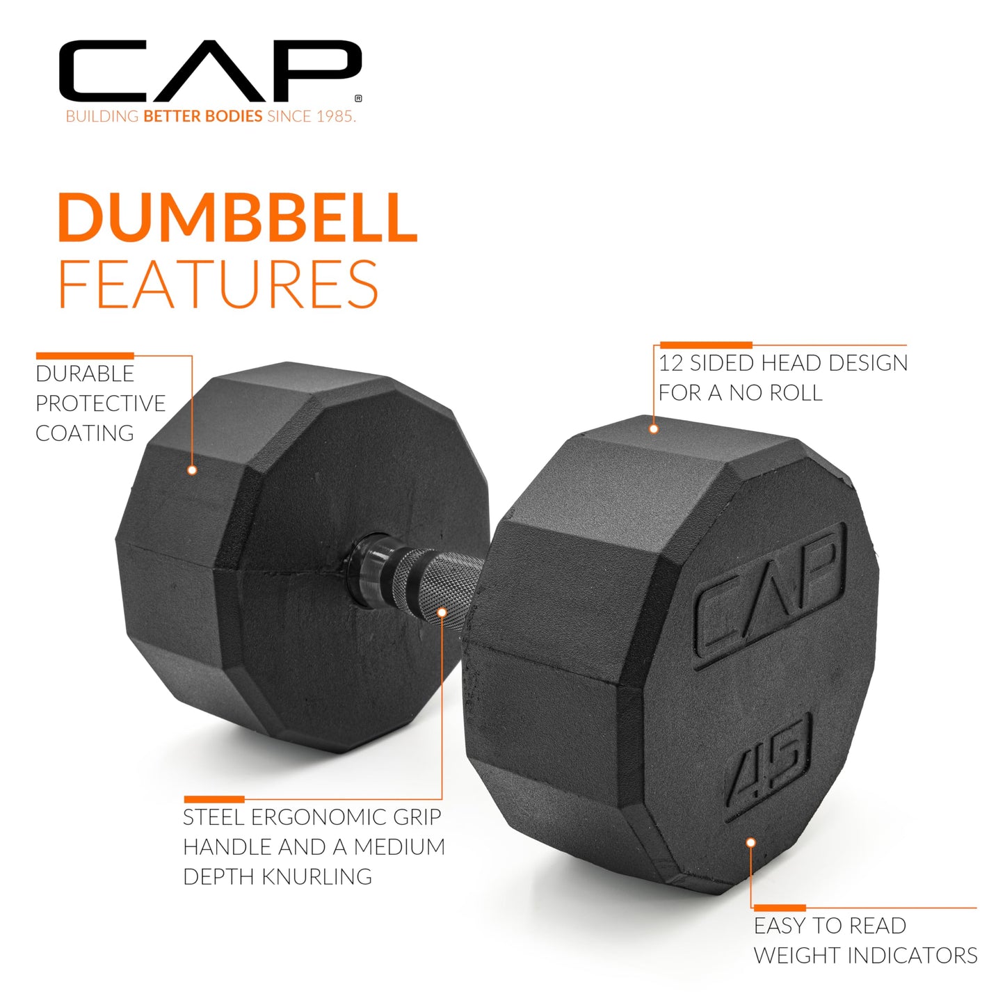 CAP 45 LB 12-Sided Rubber Coated Dumbbell Weight, Rubber Free Weights for Home Gym Strength Training, Black Oxide Handle, Single