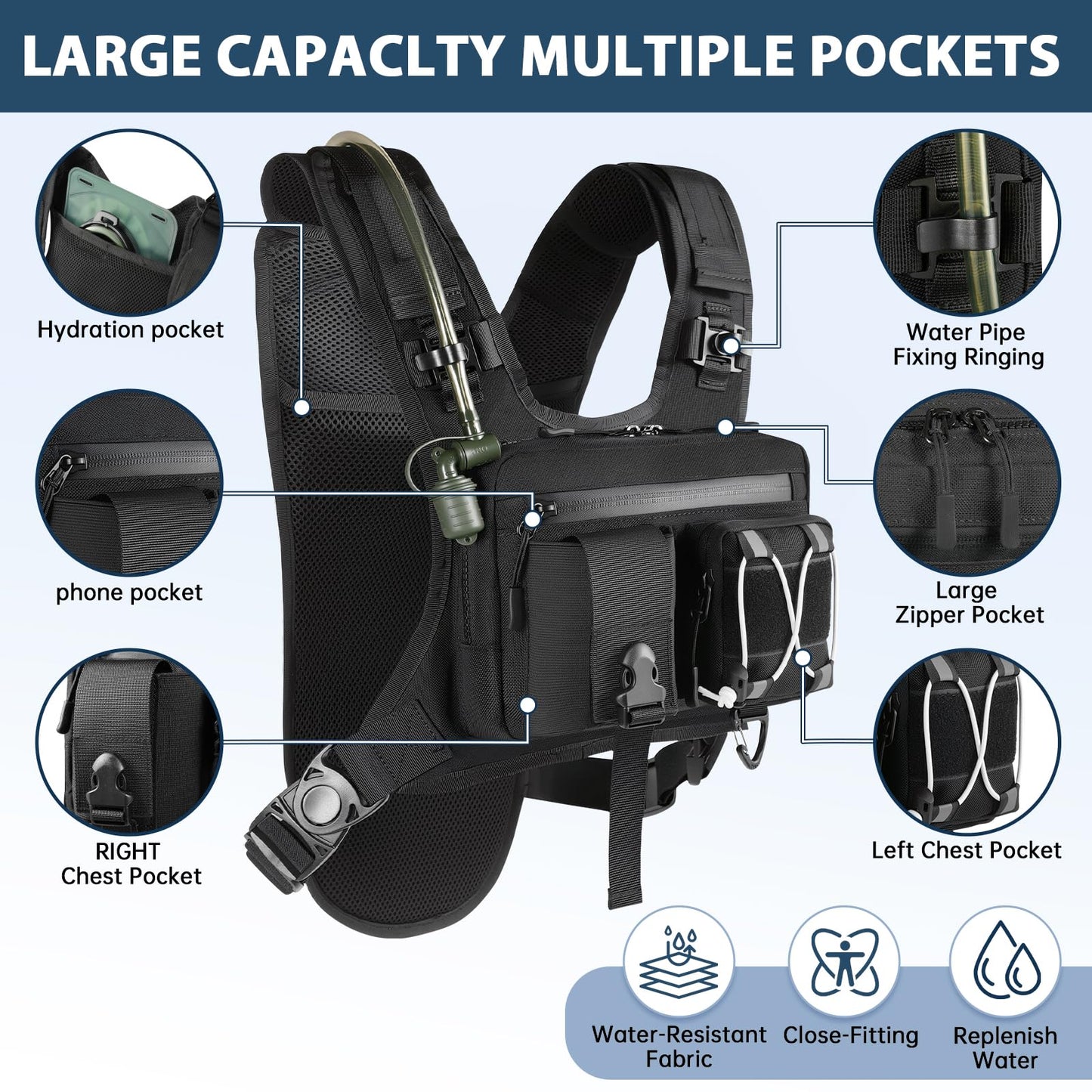 Sling Vest Chest Bag with 2L Water Bladder Gear Holster Running Vest Hydration Backpack Lightweight Adjustable Daypack Reflective Bag for Hiking Running Cycling Race Marathon for Women Men