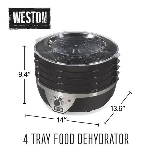 Weston Food Dehydrator Machine for Jerky, Fruit, Meat, Herbs, Vegetables, with Temperature Control (100-160F), 4 Stackable Trays (3 Sq. Ft.), Black & Stainless Steel Accents (75-0640-W)