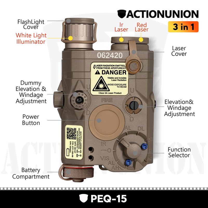 ACTIONUNION Airsoft PEQ-15 IR Laser + Visible Red Laser + White LED Flashlight (Tan)