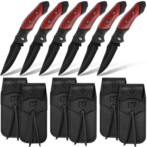 Abbylike 6 Set Groomsmen Gifts Personalized Groomsmen Pocket Knife with Leather Sheaths Mini Folding Knives Proposal Gifts for Wedding Party Favors(Elegant,Red)