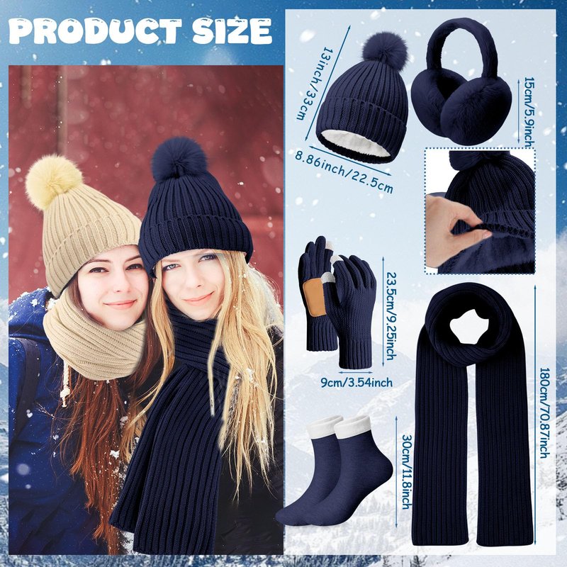 Cutecrop 10 Pcs Winter Hat Scarf Gloves Earmuffs Socks for Women Men Skiing Snowboarding Snow Shoveling Outdoor Warmth(Beige and Navy Blue)