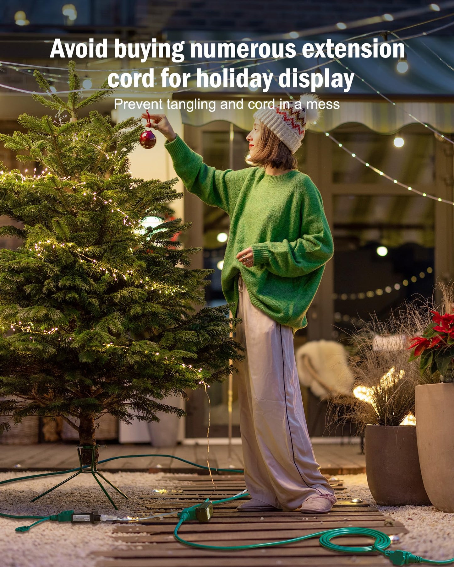 Brightown Outdoor Extension Cord Multiple Outlet, 2 Packs Each 50 Ft Christmas Light Extension Cord Evenly Spaced 6 Outlets Plugs with Safety Cover, 16/3 SJTW Green Extension Cord Waterproof