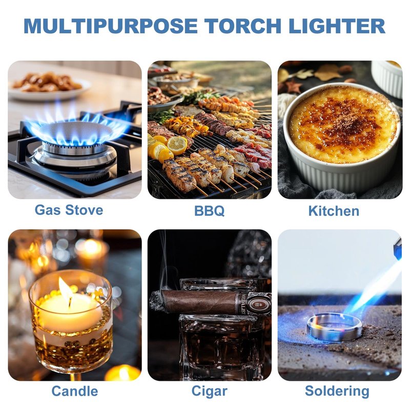 ZQMW Torch Lighter, Butane Lighter, Windproof Adjustable Big Jet Flame Butane Torch, Refillable Gas Long Torch Lighter with Safety Lock for Candle Grill Camping BBQ Kitchen Soldering, Gas Not Included