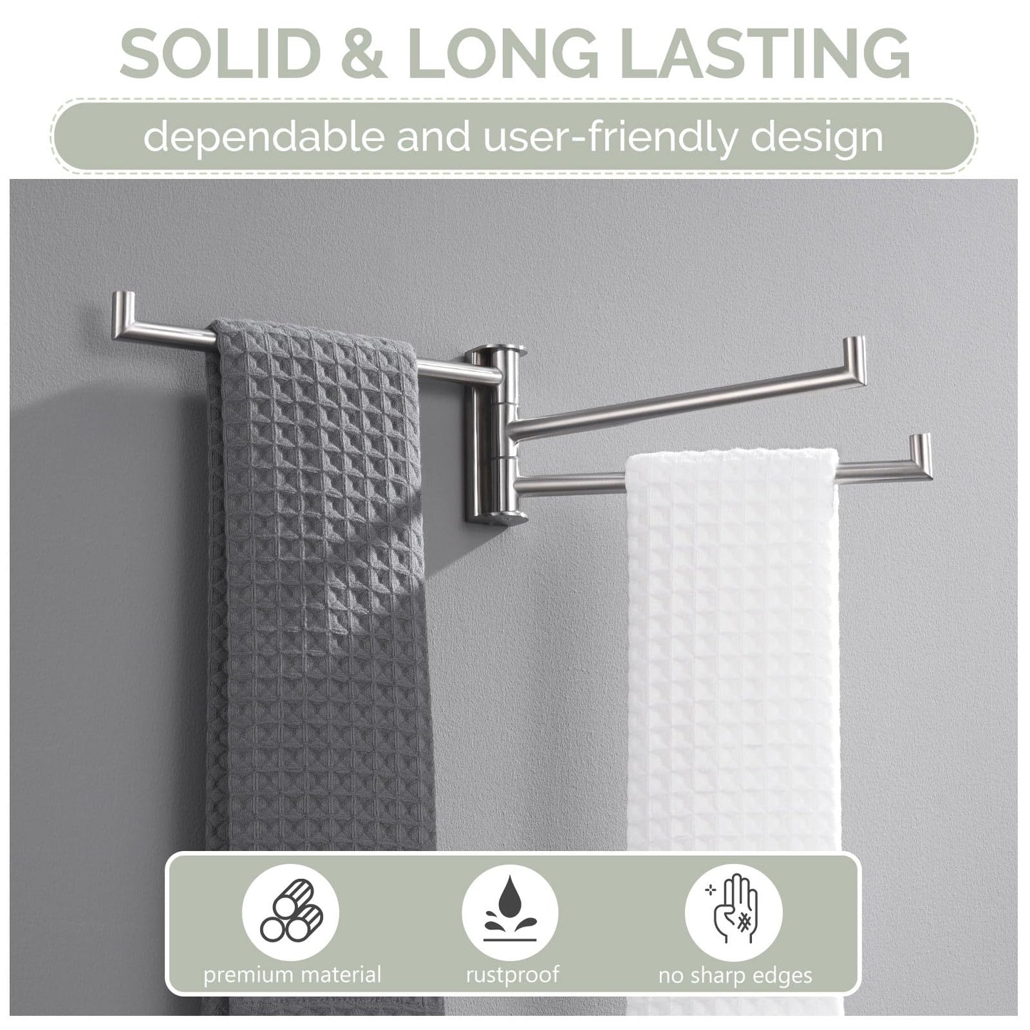 Angle Simple Swivel Hand Towel Holder 3 Bars Brushed Nickel, 304 Stainless Steel Hand Towel Rack for Bathroom Wall Mount