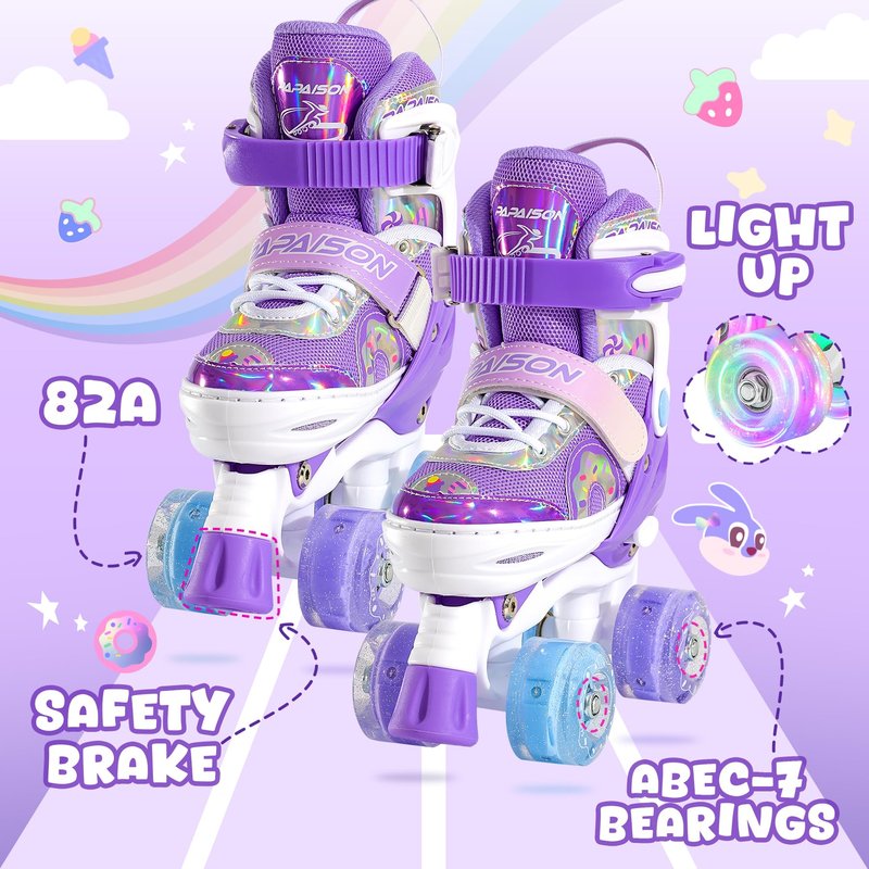 PAPAISON Adjustable Roller Skates for Girls Illuminating Wheels, Kids Toddler Rollerskates Ages 4-6 5-8 8-12