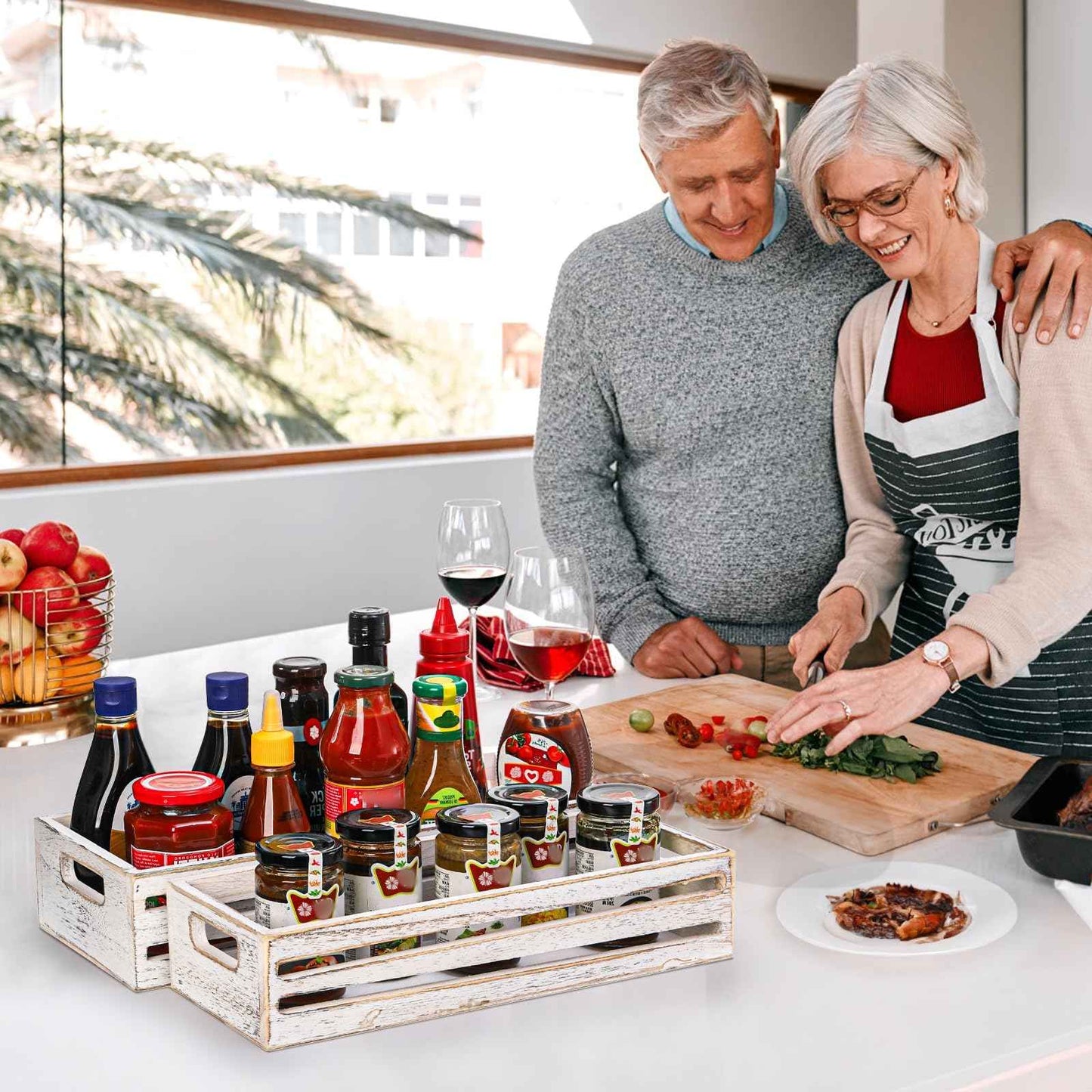 Noamus 2 Pack Bathroom Decor Box, 16" 15" Wooden Toilet Paper Holder, White Toilet Storage Basket, Toilet Tissue Tray with Handles for Home Decor, Tank Topper, Bathroom Kitchen Counter