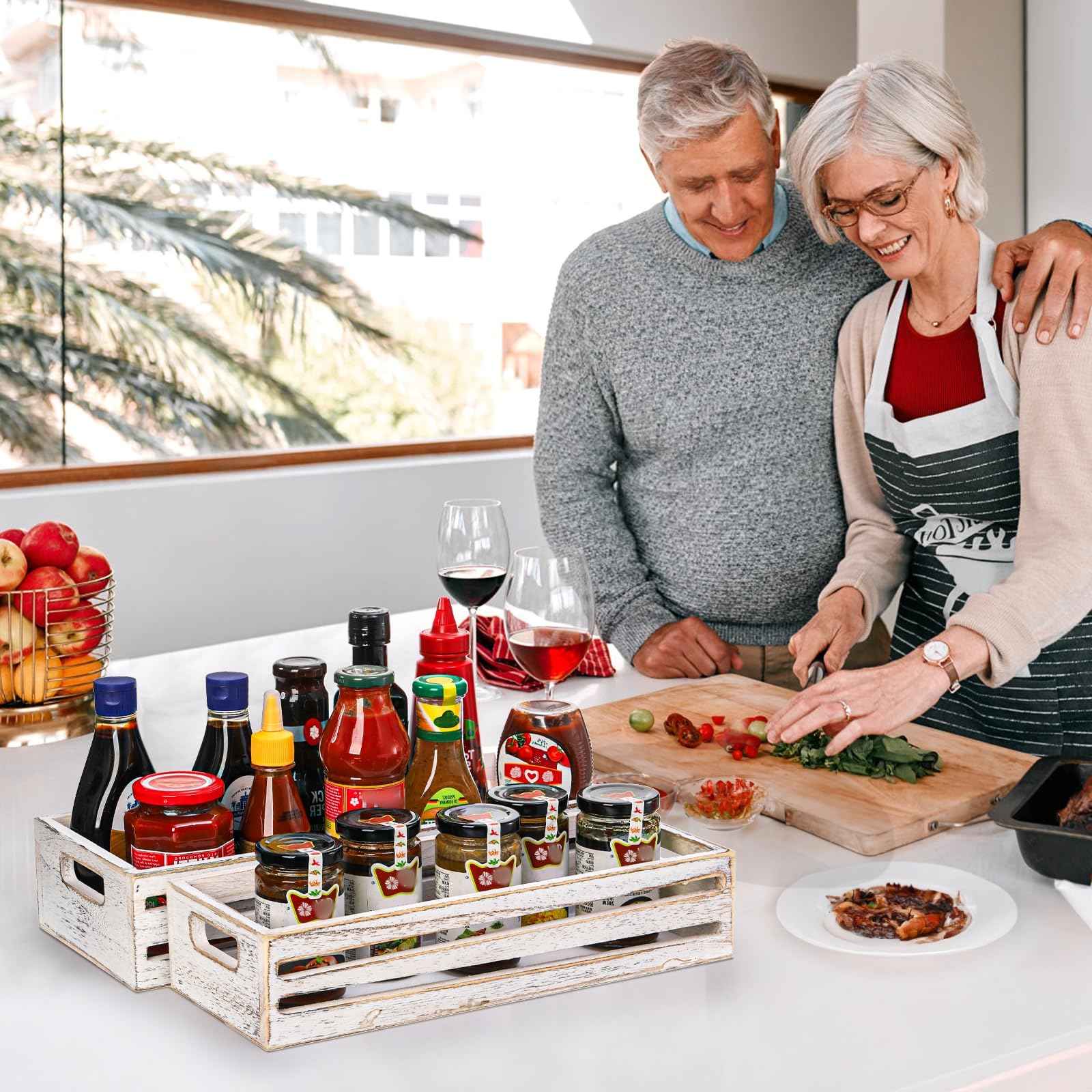 Noamus 2 Pack Bathroom Decor Box, 16" 15" Wooden Toilet Paper Holder, White Toilet Storage Basket, Toilet Tissue Tray with Handles for Home Decor, Tank Topper, Bathroom Kitchen Counter