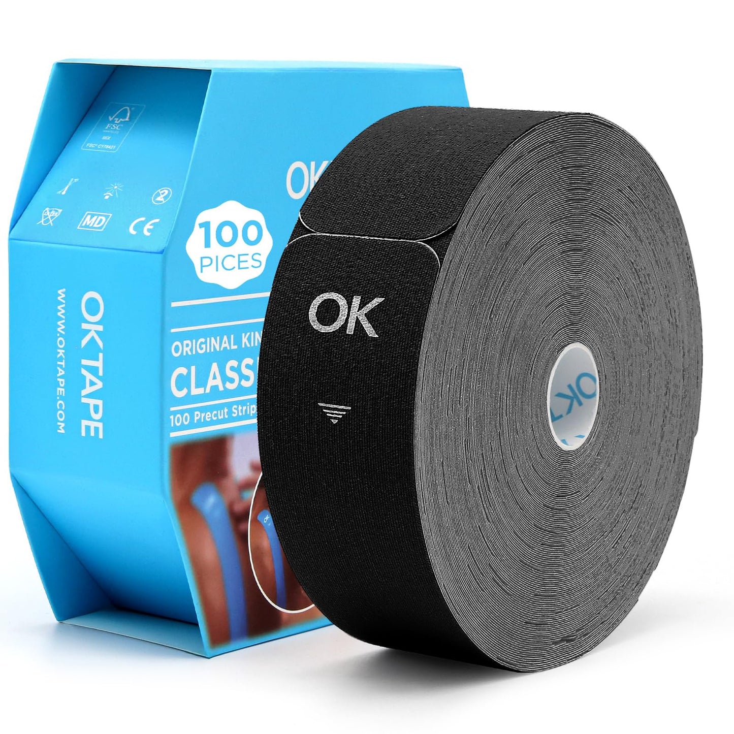 OK TAPE Kinesiology Tape Pre Cut Strips Bulk (100 PCS),Elastic Cotton Latex Free Hypoallergenic Athletic Tape Roll for Muscle Joint Knee,Waterproof 2in×10in/PCS