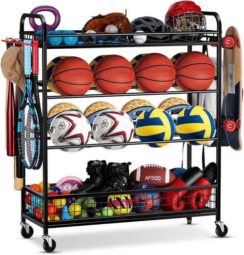 EXTCCT Garage Sports Equipment Organizer - Rolling Ball Storage Bin with Wheels | Multi-Functional Gear Rack
