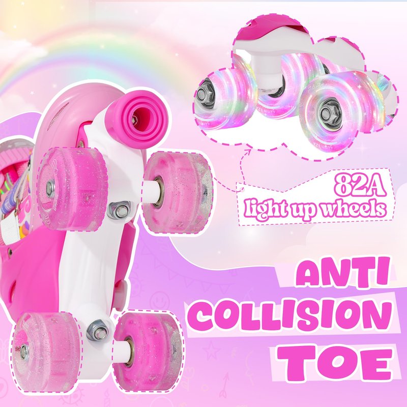SUPER YOUNGSTER Adjustable Light Up Kids Unicorn Roller Skates for Girls Ages 4-6 5-8 8-12，Toddlers Beginner Cat Roller Skates