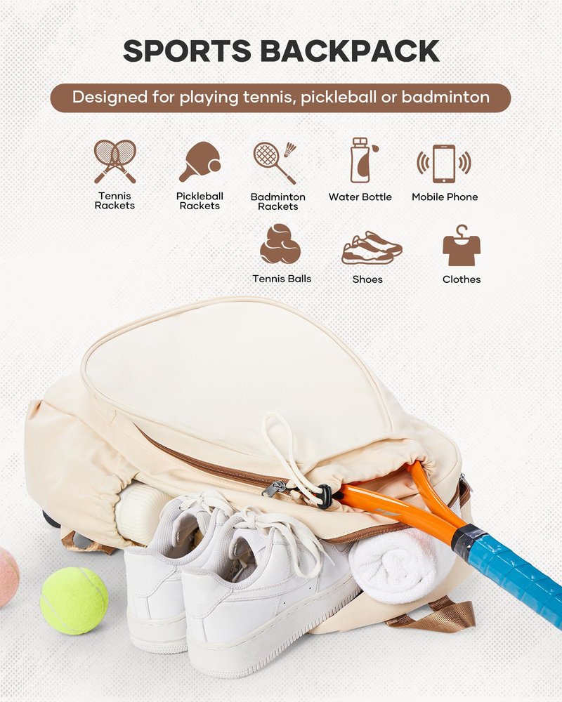 bergsalz Tennis & Pickleball Bag for Women Men, Fits 1 Racket or 2 Paddles, Lightweight Waterproof Tennis Backpack with Shoe Compartment & Wet Pocket For Training, Gym & Travel, Beige Brown