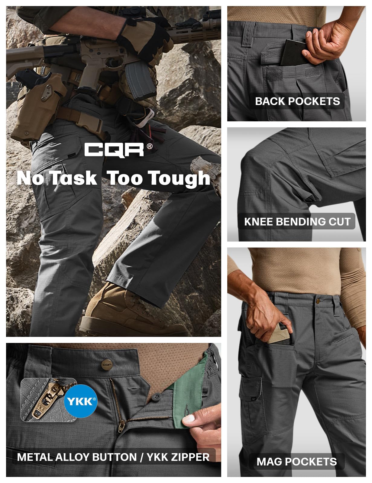 CQR Men's Tactical Pants, Water Resistant Ripstop Cargo Pants, Lightweight EDC Work Hiking Pants, Outdoor Apparel, Raider Charcoal, 42W x 32L