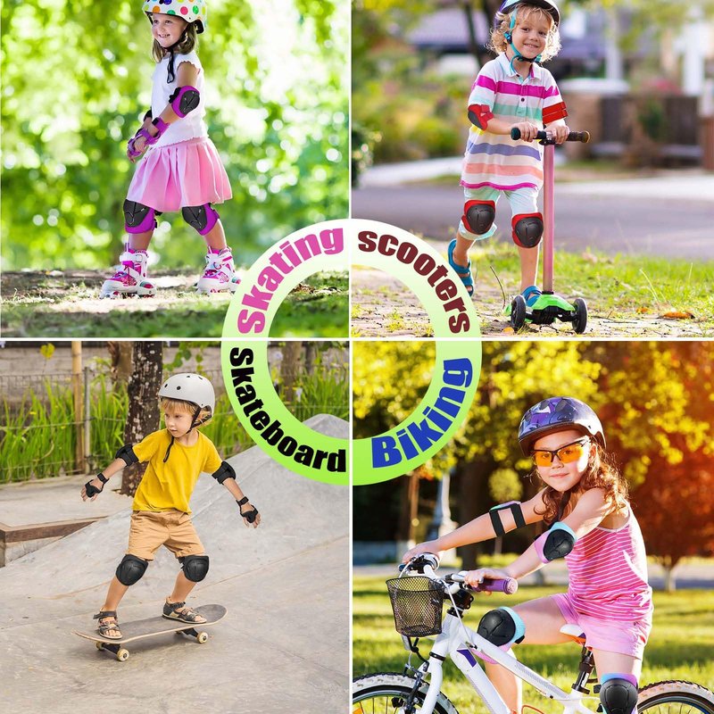 HocIece Kids/Youth Knee Pads for Kids 3-14Years Boys Girls 6 in 1 Kids Protective Gear Set Adjustable Knee Pads, Elbow Pads, for Skating Cycling Bike Rollerblading Scooter Roller Skates