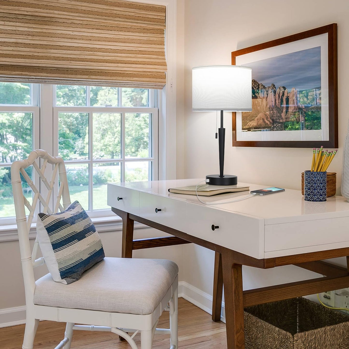 GGOYING Set of 2 Nightstand Lamp,Pull Chain Bedside Table Lamp with USB C+A Charging Ports,5000K LED Bulbs,White Fabric Lampshade for Bedroom,Livingroom