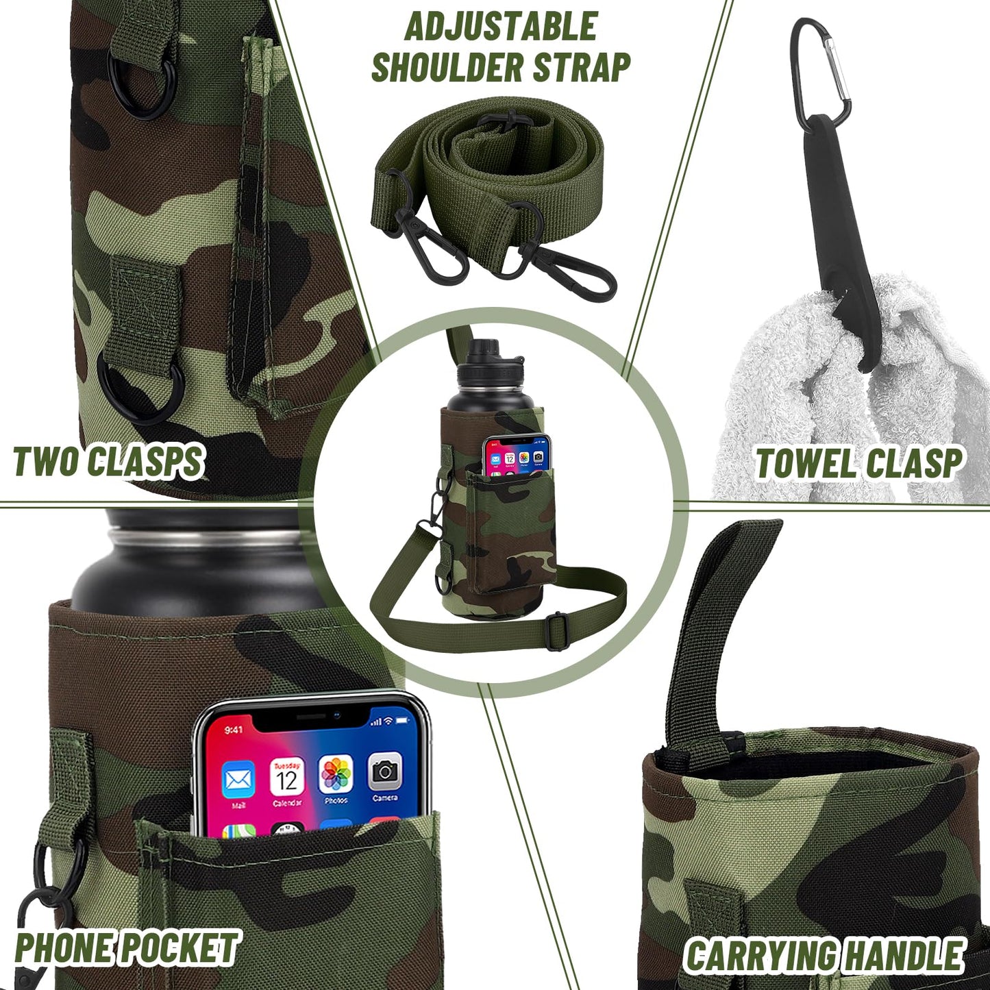 TOUGHMATE Magnetic Gym Water Bottle Bag, Small Bottle Holder with Ultra Strong Magnet for Men and Women, Secure Attachment to Metal Surfaces, Compact Design for Phone and Essentials - Camouflage