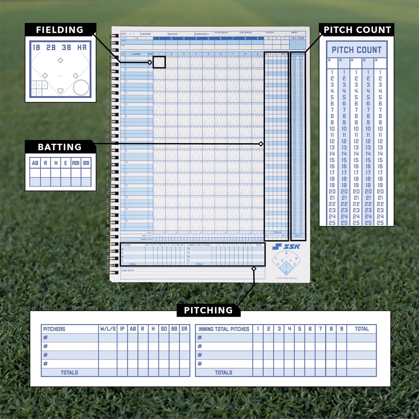 SSK 80 Game Official Scorebook Baseball + Softball – Premium Cover Score Keeping Book – 15 Player - Home + Away Team – 9.25”x12” (80 Games)