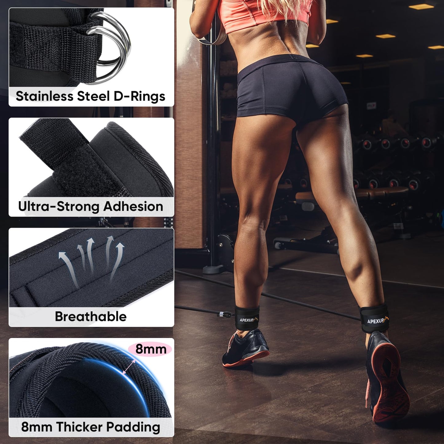 APEXUP Ankle Strap for Cable Machine, Ankle Resistance Bands, Cable Kick Back Ankle Straps for Gym, Glute Workouts, Leg Extensions, Adjustable Straps with Neoprene Padding (Single, Black)