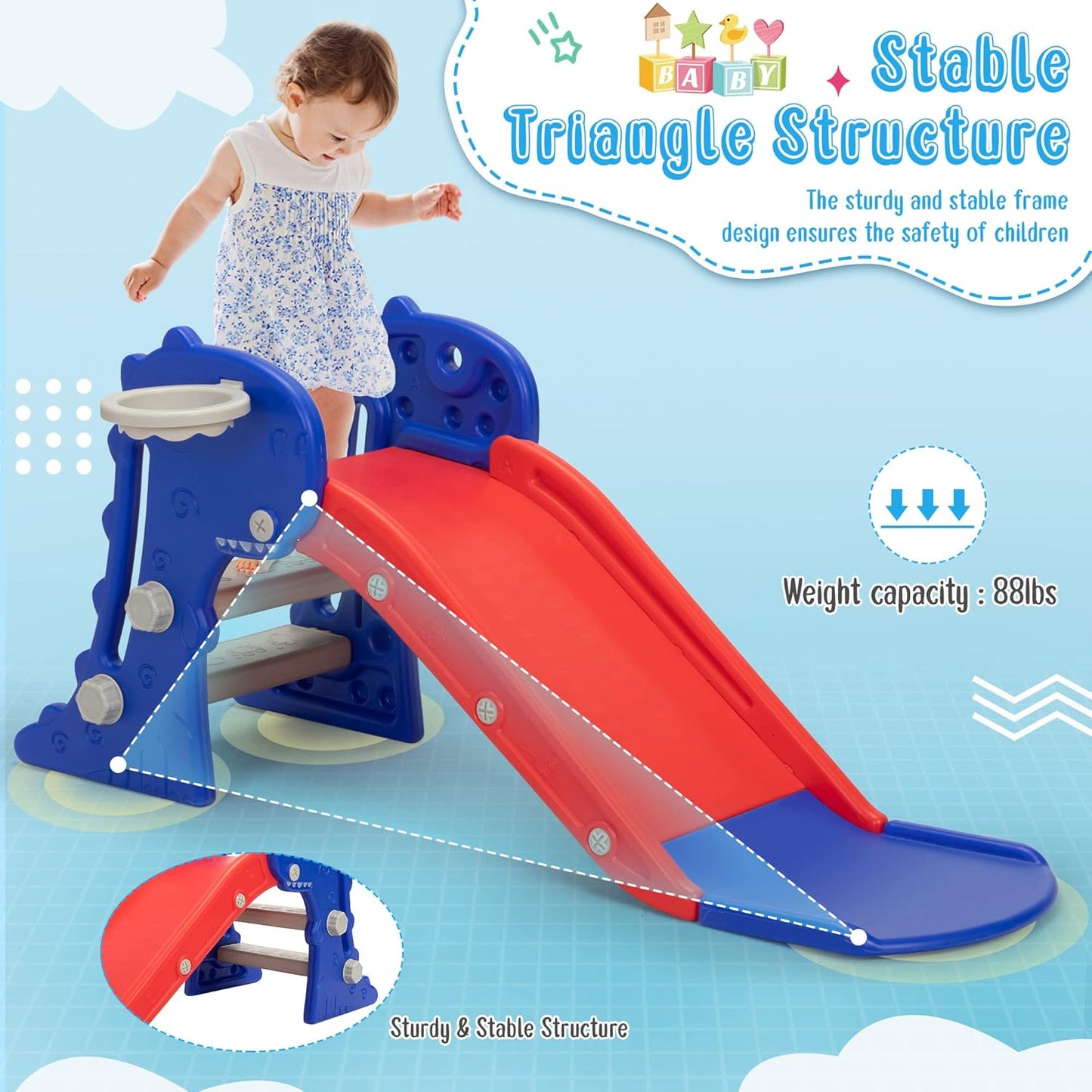 Nyeekoy Toddler Slide - 3 in 1 Kids Climber Playset with Basketball Hoop | Indoor/Outdoor Fun