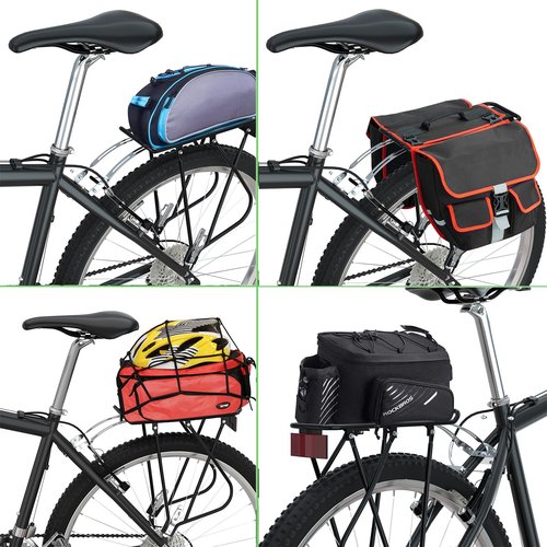 Bike Cargo Rack w/Bungee Cargo Net & Reflective Logo Universal Adjustable Bicycle Rear Luggage Touring Carrier Racks 55lbs Capacity Quick Release Mountain Road Bike Pannier Rack for 26"-29" Frames